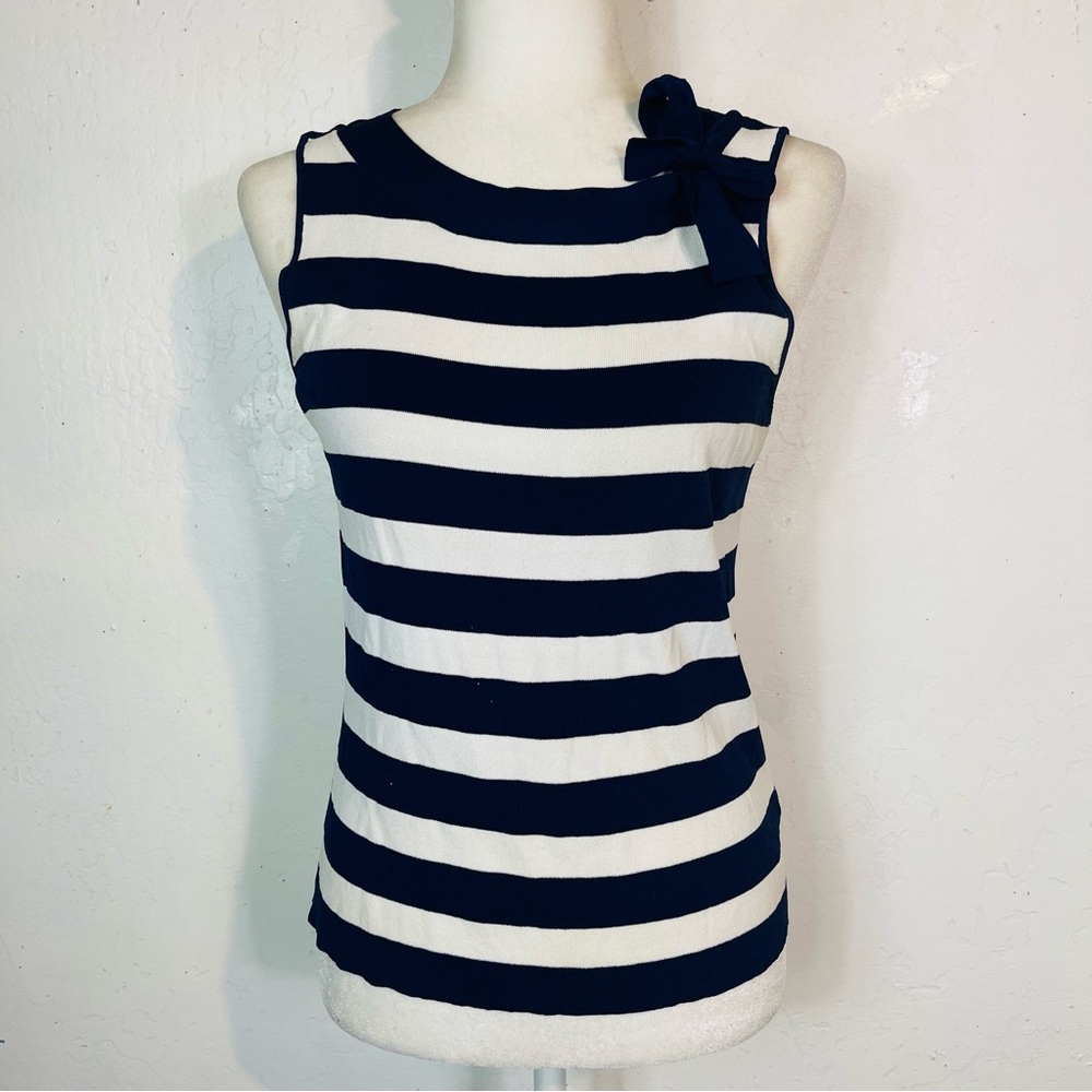Y2K Jones New York Size Small S Navy and White Striped Tank Top Blouse Tie Neck